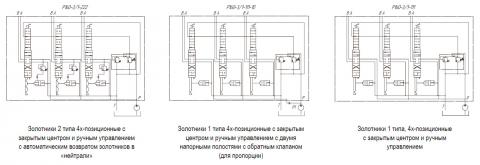 Гидросхемы распределителей Р160-3/1-222, Р160-3/1-111-10, Р160-3/1-111