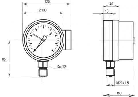 Габаритные и установочные размеры манометров МТ-3С