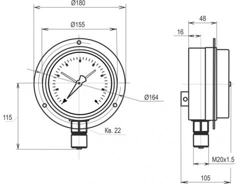 Габаритные и установочные размеры манометра МТ-4С с фланцем