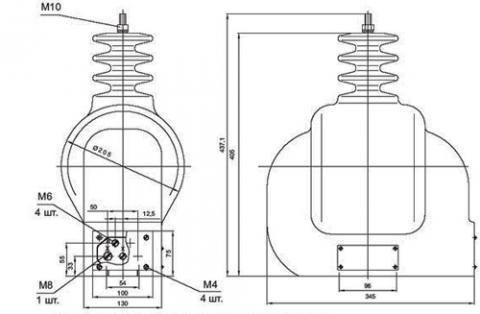Рис.1. Габаритные и присоединительные размеры трансформатора напряжения ЗНОЛ-10