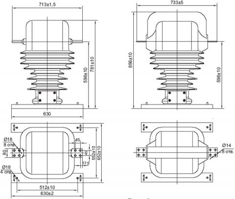 Рис.1. Габаритные и присоединительные размеры трансформатора тока ТОЛ-35 III-II, ТОЛ-35 III-III