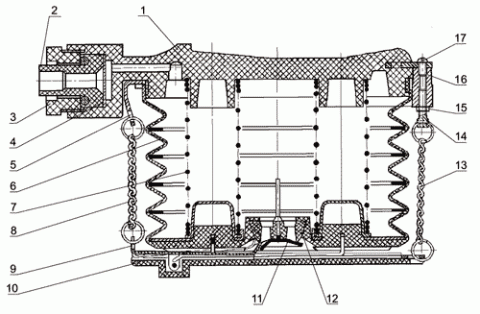 Рис.1. Состав аспиратора АМ-5, где: 1 - крышка; 2 - трубка; 3 - штуцер; 5 - подвеска; 6 - сильфон; 7 - пружина; 8, 13 - цепочки; 9 - рычаг; 10 - дно; 11 - клапан; 12 - седло; 14 - винт; 15 - контргайка; 16 - втулка; 17 - винт.