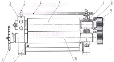 Рис.1.Схема вальцев гравированных машинных, где: 1.Основание; 2.Звездочка; 3.Стойка; 4.Труба; 5.Валик верхний; 6.Винт нажимной; 7.Подвижный подшипник; 8.Поводок; 9.Шестерня; 10.Валик нижний
