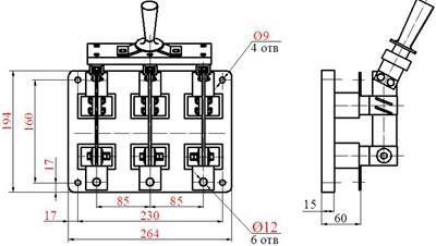 Рис.3. Габаритный чертеж рубильника РЦ-1 100А, РЦ-2 250А, РЦ-4 400А и РЦ-6 630А с центральной рукояткой(внутри шкафа).